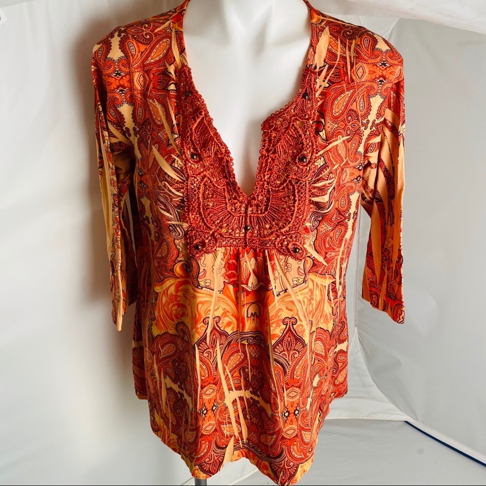 One World orange flowy split neck boho top